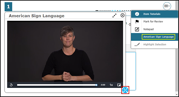 Sample test question with a pop-up box with the ASL video over the question and the context menu open with the American Sign Language option and border selection option indicated.
