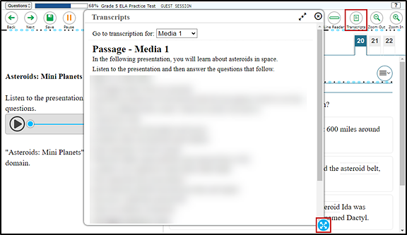 Training test question showing the pop-up box with an audio transcript and the border selection option indicated.