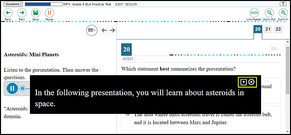 Sample test question with closed-captioning displayed for an audio presentation; the closed-captioning appears in a box over the question and the location and close controls are indicated.