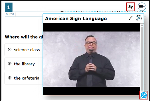 Sample test question with a pop-up box with the ASL video over the question and the context menu open with the American Sign Language option and border selection option indicated.