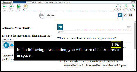 Sample test question with closed-captioning displayed for an audio presentation; the closed-captioning appears in a box over the question and the location and close controls are indicated.