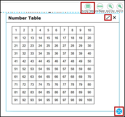 100s number table for mathematics with the Number Table button, resizing arrows, and border selection option indicated.