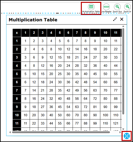 Multiplication table for mathematics with the Multiplication Table button, resizing arrows, and border selection option indicated.