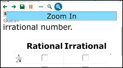 Sample question with the streamline designated support using zoom; test options appear in simplified form, with a dialog box providing a simple definition of the selected tool's use.