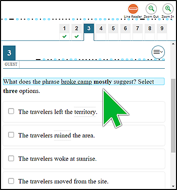 Enlarged mouse pointer in the shape of an arrow head on a practice test question.