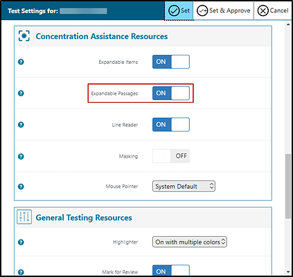 Student universal tool test settings in the Test Administrator Interface with the Expandable Passages toggle, which is set to On, indicated.