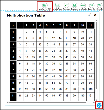 Multiplication table for science with the Multiplication Table button, resizing arrows, and border selection option indicated.