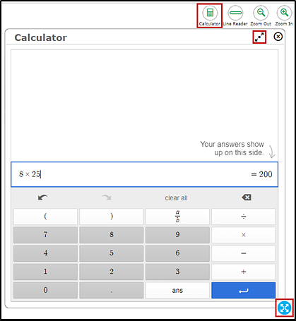 The on-screen basic calculator that also shows the Calculator, Line Reader, Zoom Out, and Zoom In buttons with the Calculator button, maximize, and border selection area indicated.