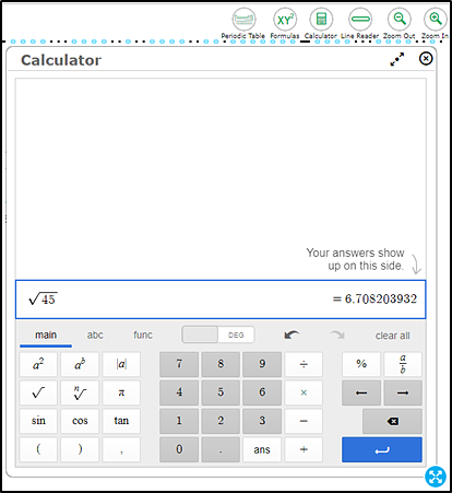 The on-screen scientific calculator that also shows the Calculator and buttons for other universal tools with the Calculator button, maximize, and border selection area indicated.