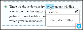 English Glossary, with 'ravine' defined as a small, deep valley in a separate pop-up window and with the border selection option indicated.