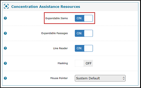 Concentration Assistance Tools test settings for a sample student within the Test Administrator Interface, with the Expandable Items resource toggle indicated.