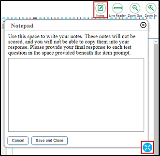 Global notes tool, with the Notes button and the border selection option indicated; within the Notepad box, there is a space for taking notes and Cancel and Save and Close buttons.