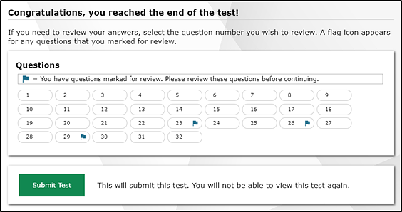 End of segment dialog box displaying flagged items for review with text instructing the student to go back and review any answers.