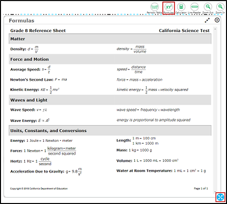 Formulas reference sheet with the Formulas button on the testing interface and the border selection option indicated.
