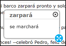 Spanish Glossary, with 'zarpará' defined in a separate pop-up window.