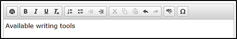 Writing toolbar, with buttons for Bold, Italics, Underline, Superscript, Numbered List, Bulleted List, Left Indentation, Right Indentation, Cut, Copy, Paste, Undo, Redo, Spell Check, and Symbols.