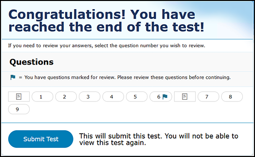 End of segment dialog box displaying flagged items for review with text instructing the student to go back and review any answers.