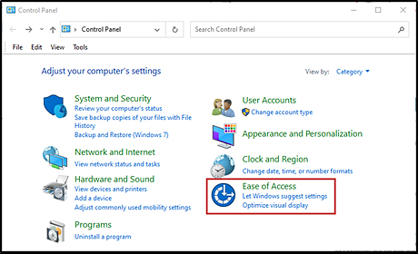 Windows Control Panel, with Ease of Access called out