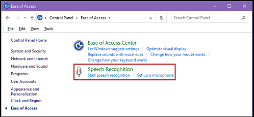 Windows Control Panel, with Speech Recognition called out