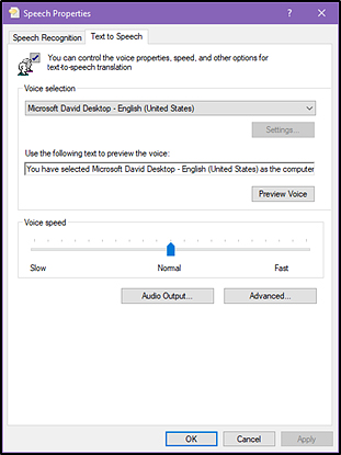 The default text-to-speech preferences in Windows
