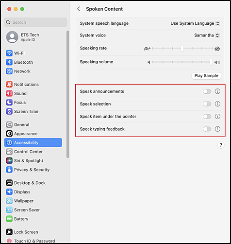 Spoken Content panel in System Settings interface with Speak announcements, Speak selection, Speak item under the pointer, and Speak typing feedback options indicated.