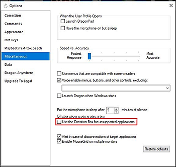 Dragon Options window open to the Miscellaneous tab with the Use Dictation Box for unsupported application checkbox cleared and indicated.