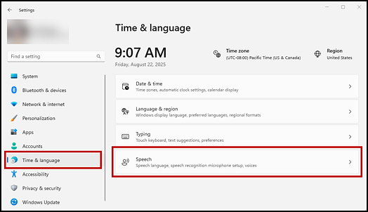 Windows Setting screen with the Time & language button and Speech link indicated.