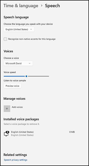 The default text-to-speech preferences in Windows.