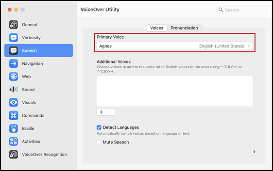 Voices tab in the VoiceOver Utility screen with the voice profile indicated.