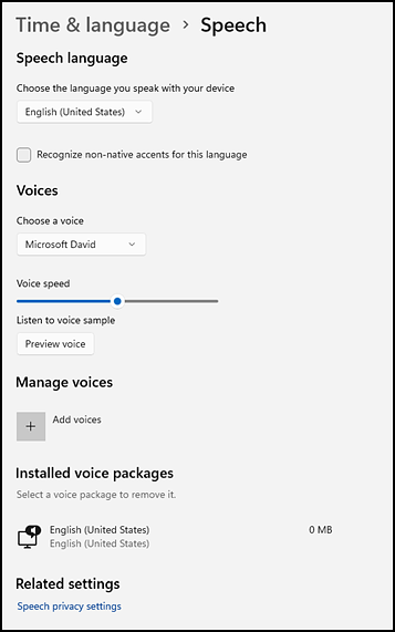 The default text-to-speech preferences in Windows.
