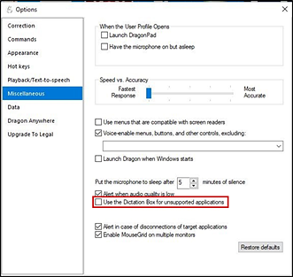 Dragon Options window open to the Miscellaneous tab with the Use Dictation Box for unsupported application checkbox cleared and indicated.