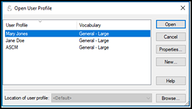Dragon Naturally Speaking Open User Profiles window displaying several existing user profiles and an Open button.