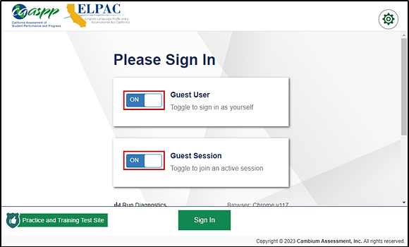 Student Sign In screen for practice and training tests with toggles for guest user and guest session indicated.
