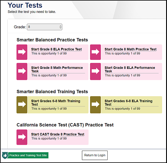 Your Tests screen with grade drop-down list and categories of tests such as the Smarter Balanced Practice Tests and the California Science Test Practice Test