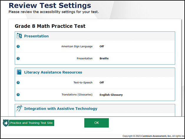Review Test Settings screen in a practice test that shows example test settings and the OK buttons at the bottom of the screen.