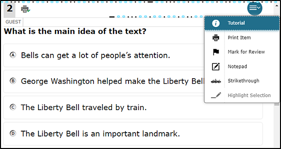 Sample context menu for a question with the first item, Tutorial, highlighted.