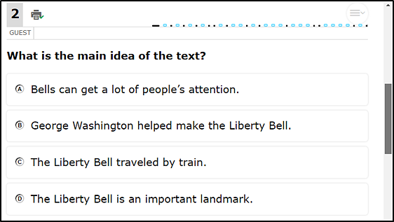 Sample test question with four radio buttons displayed.
