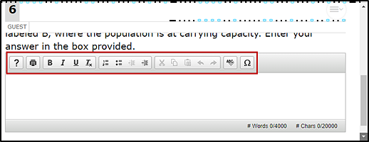 Response area with the formatting toolbar with buttons for bold, italics, underline, subscript, numbered and bulleted lists, left and right indentation, cut, copy, paste, undo, redo, spell check, and symbols.