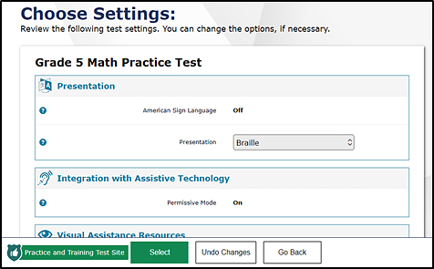 Choose Settings screen in a practice test that shows example test settings and the Select, Undo Changes, and Go Back buttons at the bottom of the screen.