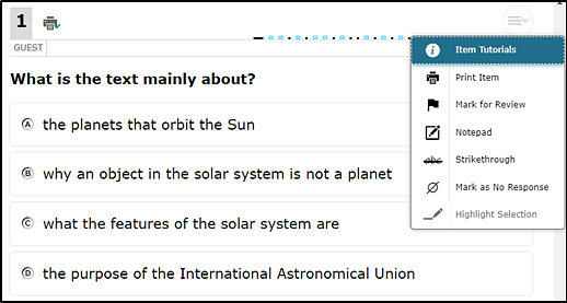 Sample context menu for a question with the first item, Item Tutorials, highlighted.