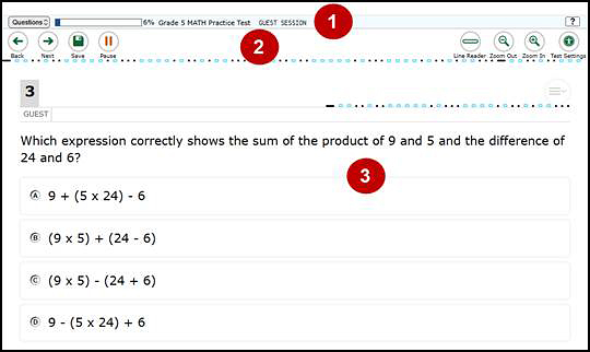 Practice test item with callout 1 that shows the banner region, callout 2 that shows the navigation and test tools region, and callout 3 that shows the test content region.