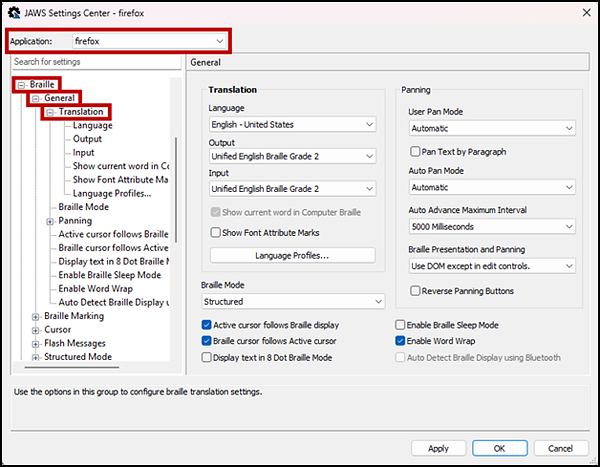 JAWS Settings center window with the Translation settings displayed along with the Apply and OK buttons.