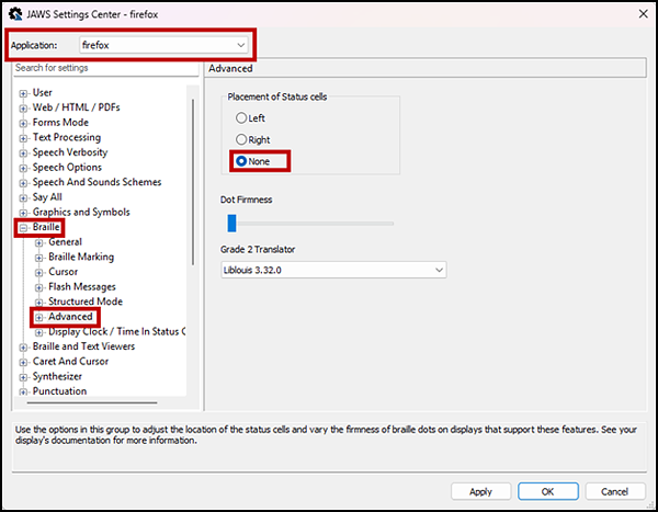 JAWS Settings center window with the Application drop-down list, Braille and Advanced sections in the Search for settings panel, and None radio button indicated.