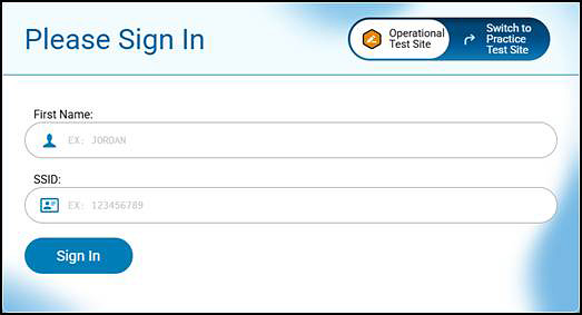 Student Please Sign In screen for operational testing with fields for First Name and SSID.