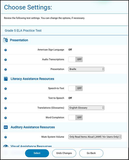 Choose Settings screen for a practice test.