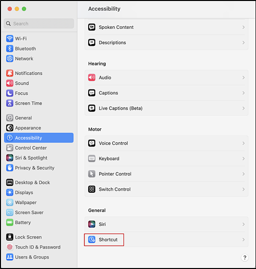 Accessibility section of System Settings interface with the Shortcut icon indicated.