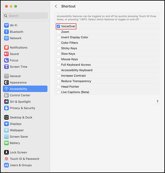 Accessibility section of System Settings interface with the VoiceOver checkbox in the Shortcut panel indicated.