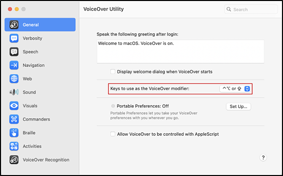 VoiceOver Utility screen with the Keys to use as the VoiceOver modifier list option indicated