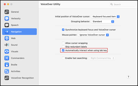 VoiceOver Utility Navigation panel with the marked Automatically interact when using tab key checkbox indicated.