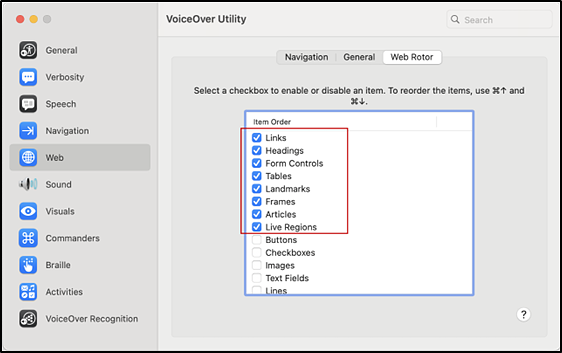 VoiceOver Utility Web Rotor tab showing the marked checkboxes listed in step 8 indicated.
